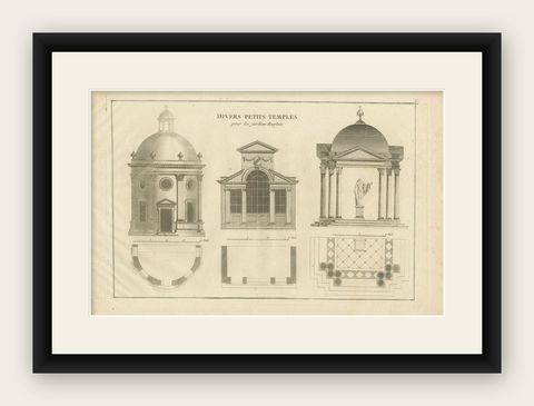 Pl. 8 Antique Print of Various Garden Temples by Le Rouge, c.1785, shown framed