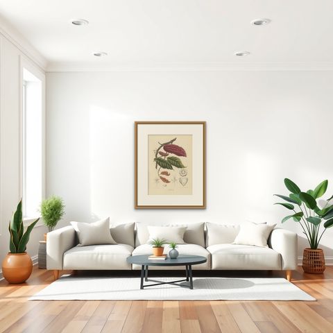 Theobroma Cacao, Cocoa Tree Botanical Lithograph c.1863, shown framed in a room, true to size