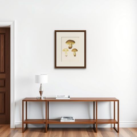 Antique Mycology Print of Hemileccinum Impolitum by E.M. Fries, circa 1860, shown framed on a wall, true to size
