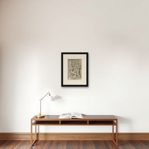 Antique Print of Hercules in the Garden of the Hesperides by Ferrari, 1646, shown framed on a wall, true to size