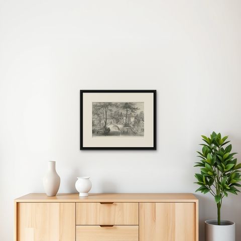 Antique Print of a Garden in Guangzhou in China, circa 1850, shown framed on a wall, true to size