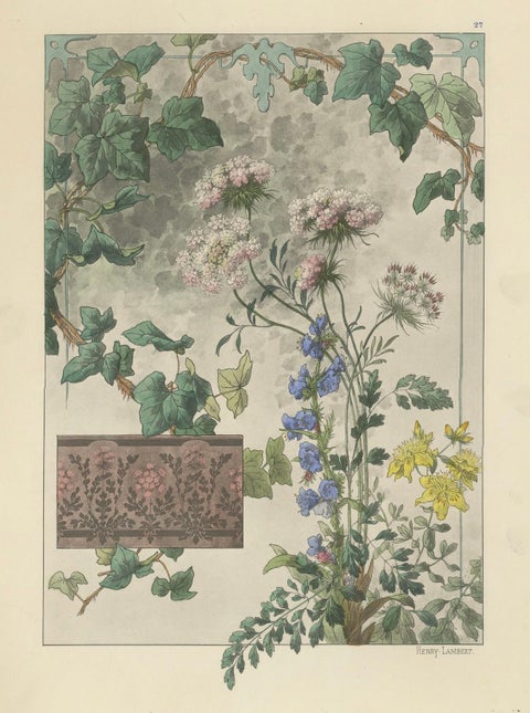 Floral Harmony in Art Nouveau: A Botanical Composition by Henry Lambert, 1896, close-up 4