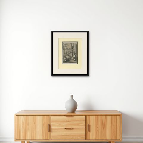Antique Print of Flora Turning Limace Into a Slug by Volckamer 'c.1710', shown framed on a wall, true to size