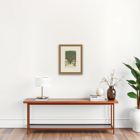 Antique Botany Print of the Parochetus Communis by Van Houtte, circa 1862, shown framed on a wall, true to size