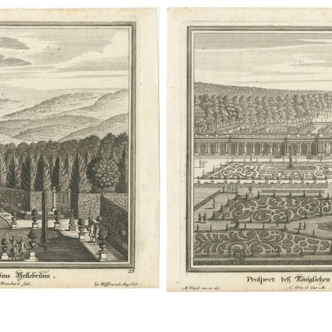 Pair of 18th-Century Garden Engravings, Hellbrunn & Trianon, Baroque Views, close-up 1