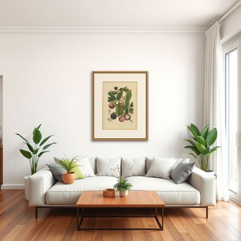 Original Antique Mangosteen Botanical Chromolithograph by Hoola van Nooten, 1880, shown framed in a room, true to size
