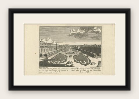 Antique Print of a Small Garden and Building by Wolff, 1737, shown framed