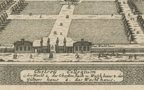 Antique Engraving of Chelsea College, View with Formal Gardens, ca.1705, close-up 2