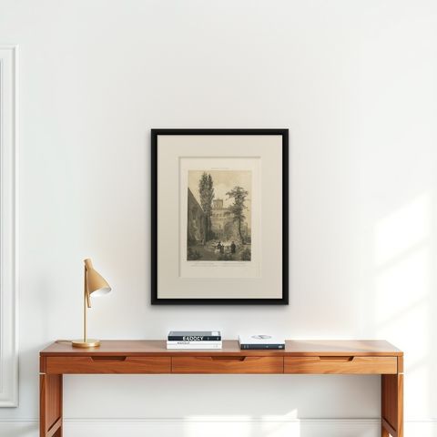 Gardens of the Quirinal Palace, Rome, Elegant Fountain Scene, 1868, shown framed on a wall, true to size