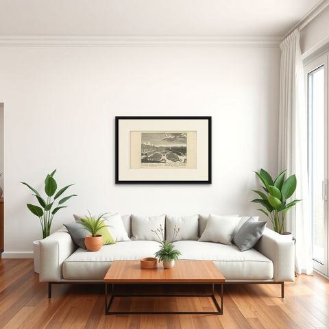 Antique Print of a Small Garden and Building by Wolff, 1737, shown framed in a room, true to size