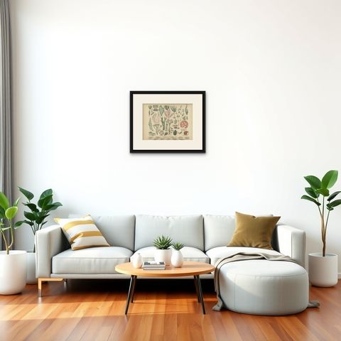 Antique Mushroom Plate, European Fungi Study, Botanical Lithograph 1885, shown framed in a room, true to size