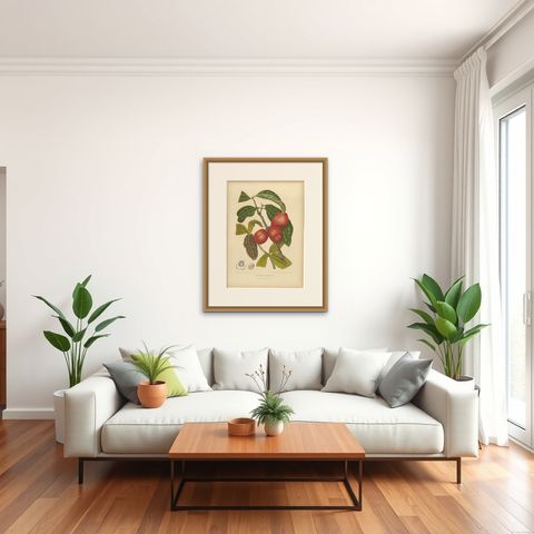 Antique Wax Apple Fruit Botanical Chromolithograph by Hoola van Nooten, c. 1880, shown framed in a room, true to size