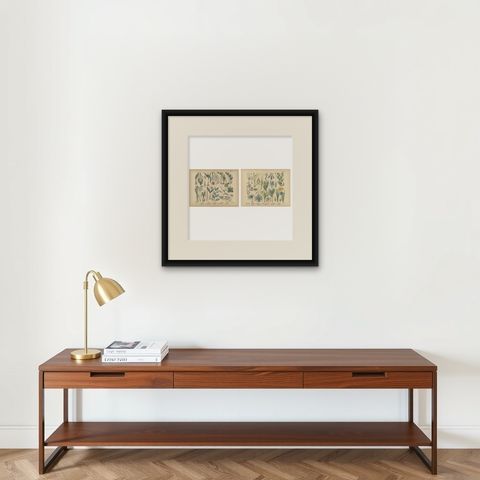 Antique German Botanical Atlas Plates, Tafel 17 to 18, Lilies & Irises, 1885, shown framed on a wall, true to size