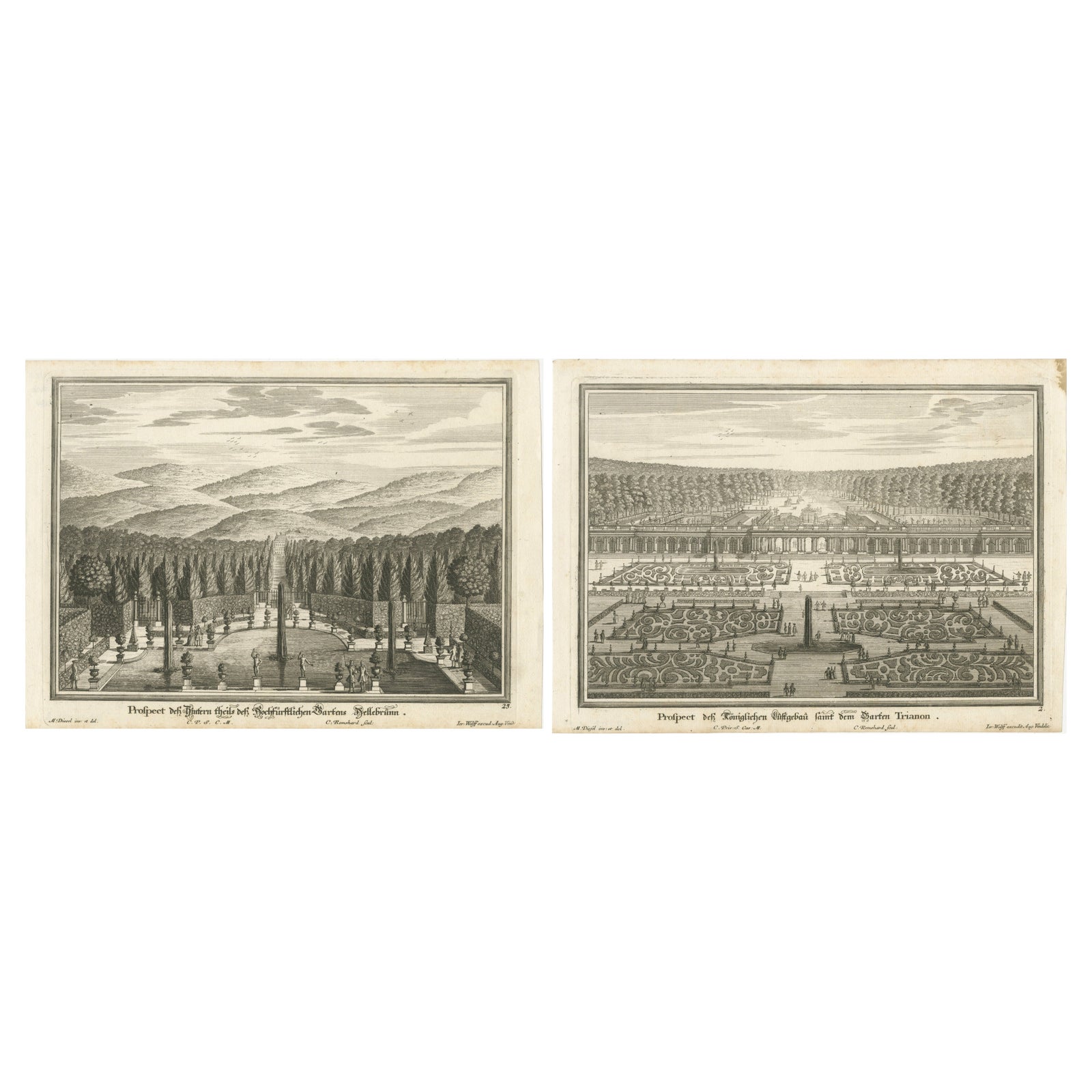 Pair of 18th-Century Garden Engravings, Hellbrunn & Trianon, Baroque Views
