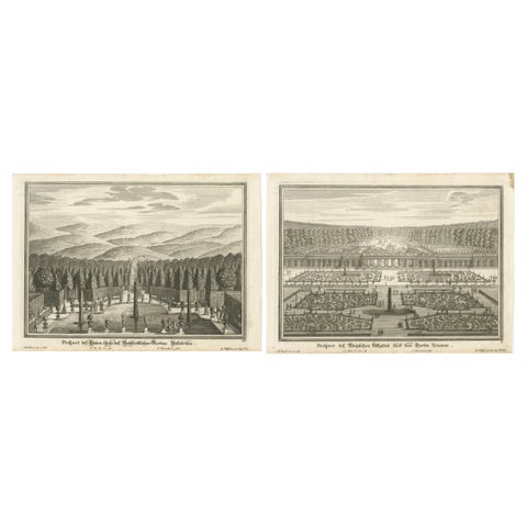 Pair of 18th-Century Garden Engravings, Hellbrunn & Trianon, Baroque Views