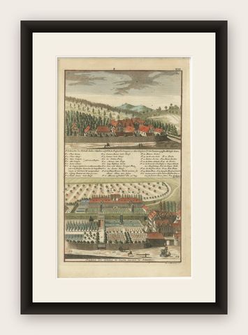 Grand Baroque Garden Estate View, Schwöbber Palace, Hand-Colored, 1708, shown framed