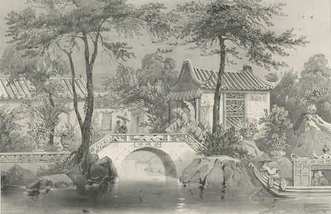 Antique Print of a Garden in Guangzhou in China, circa 1850, close-up 2