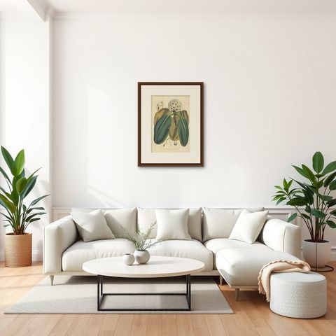 Large Antique Botany Print of The Falconer Rhododendron by Van Houtte, 1849, shown framed in a room, true to size