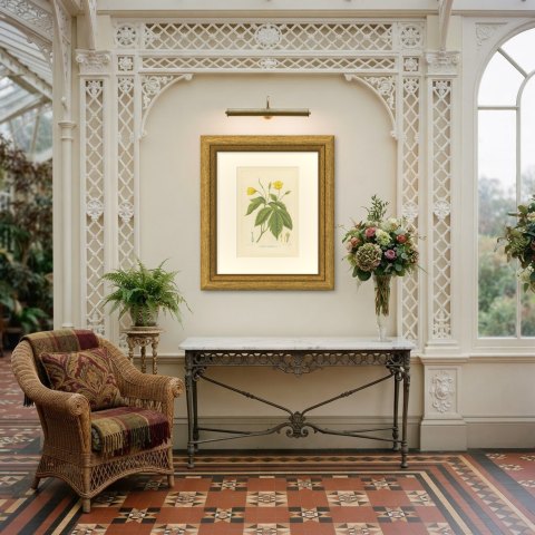 Chelidonium Japonicum, Yellow Flowered Poppy Chromolithograph, 1859, shown framed in a room, true to size