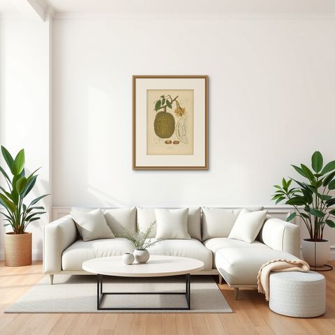 Antique Durian Botanical Chromolithograph by Hoola van Nooten, c. 1880, shown framed in a room, true to size