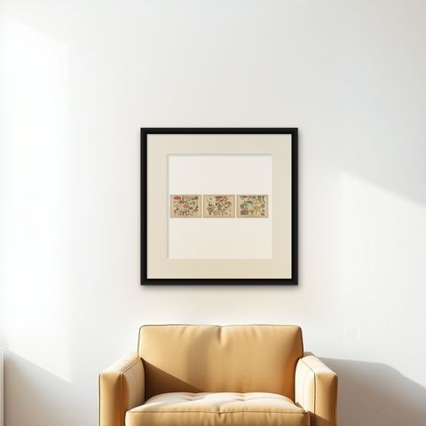 Fly Agaric & Chanterelle Mushrooms, Antique Botanical Lithograph Set, 1885, shown framed on a wall, true to size