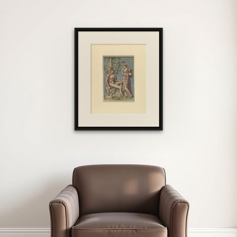 Antique Print of Hercules in the Garden of the Hesperides by Ferrari '1646', shown framed on a wall, true to size