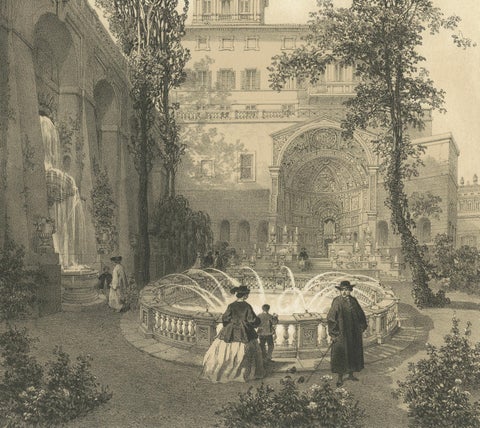 Gardens of the Quirinal Palace, Rome, Elegant Fountain Scene, 1868, close-up 4