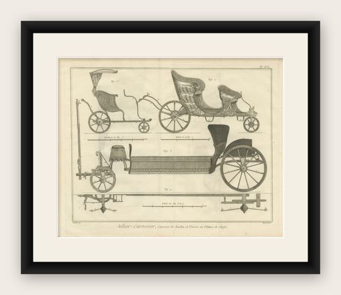 French Garden & Hunting Carriage Designs, Diderot Encyclopédie, 1771, shown framed