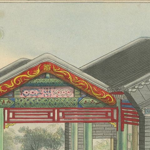 Antique Print of a Pleasure House next to the Gardens, close-up 1