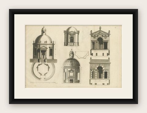 Pl. 10 Antique Print of various Garden Temples by Le Rouge, c.1785, shown framed
