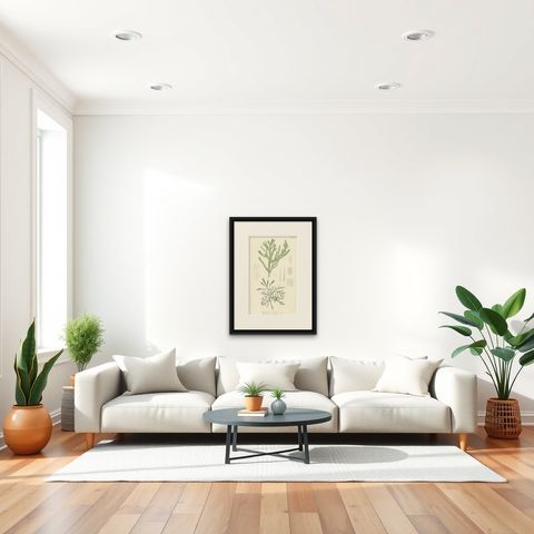 Antique Botany Print of Dacrydium Elatum and a Podocarpus Species, shown framed in a room, true to size