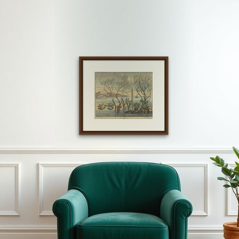 Colored Antique Print of various Water Plants including Coral in Southeast Asia, shown framed on a wall, true to size