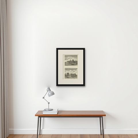 Antique Print of Gardens near the Ringsloot and an Estate near Amsterdam, c.1725, shown framed on a wall, true to size