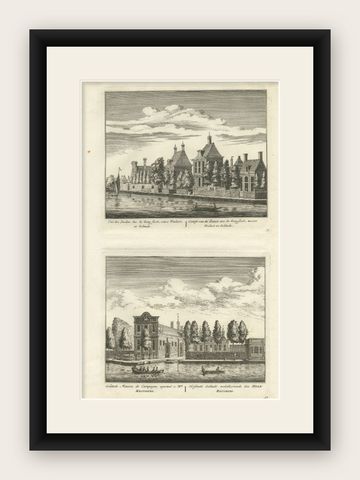 Antique Print of Gardens near the Ringsloot and an Estate near Amsterdam, c.1725, shown framed
