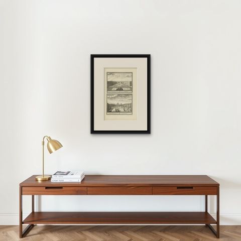 Antique Print of the Gardens of Assumburg Castle by De Leth, circa 1730, shown framed on a wall, true to size