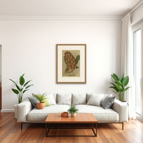 Red and Gold Orchid Print, Odontoglossum Coronarium, Reichenbachia c.1888, shown framed in a room, true to size