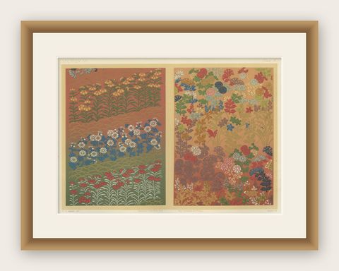 Japanese Garden Flowers in Bloom: Antique Lithograph, 1880s, shown framed