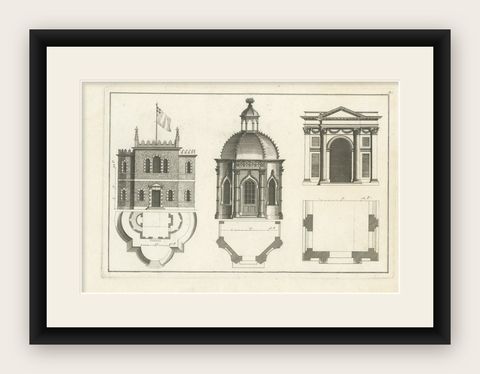 Architectural Antique Print of Various Garden Temples by Le Rouge, c.1785, shown framed