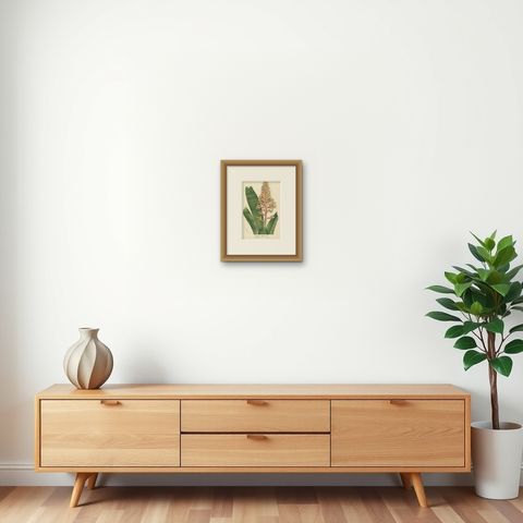 Blue-Flowered Aechmea Botanical Illustration by Louis van Houtte, 19th Century, shown framed on a wall, true to size