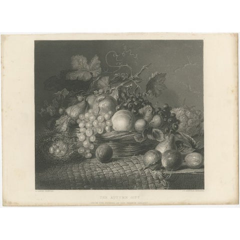Antique Print of a Still life with a Basket of Autumn Fruit and Brambles, ca1860, view 2