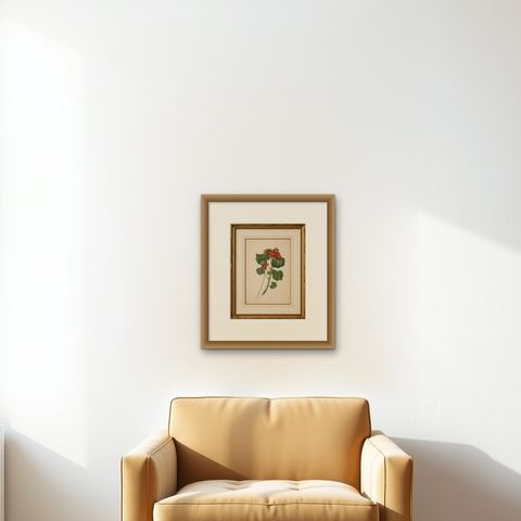 Two Stems with Red Flowers, Botanical Watercolor by A.L., 1819, shown framed on a wall, true to size