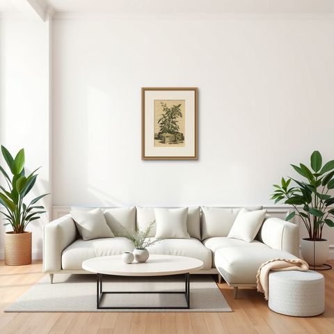 Botanical Illustration of Yellow Variegated Sage from Munting’s 1696 Herbal, shown framed in a room, true to size