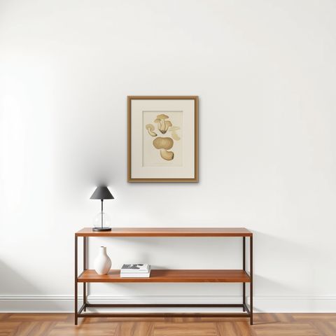 Antique Mycology Print of Oyster Mushrooms by E.M. Fries, circa 1860, shown framed on a wall, true to size