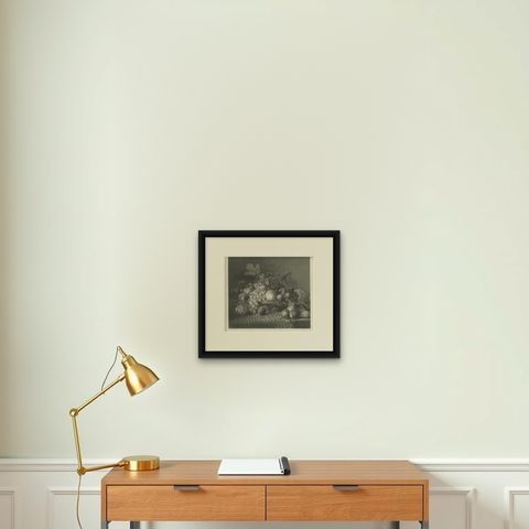 Antique Print of a Still life with a Basket of Autumn Fruit and Brambles, ca1860, shown framed on a wall, true to size