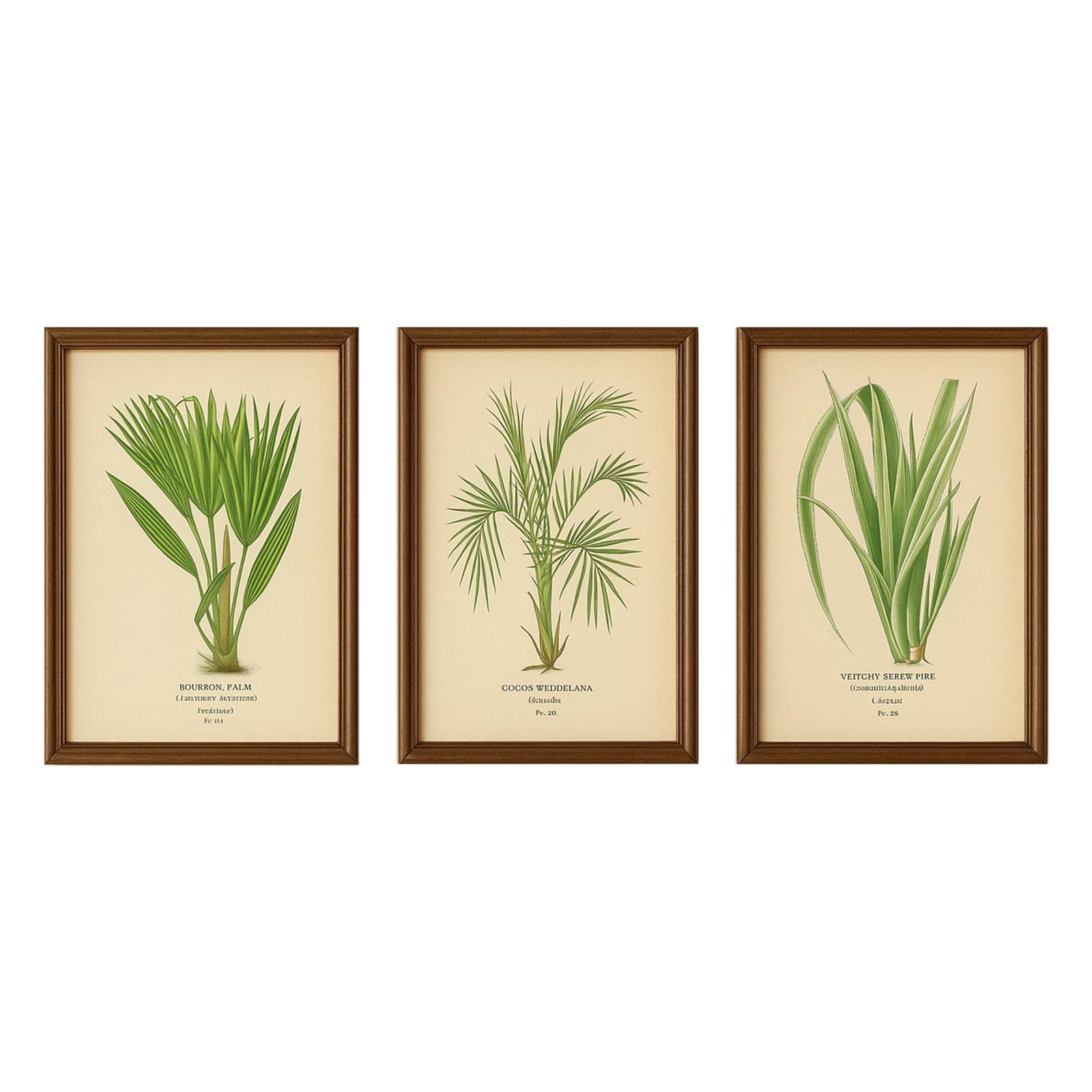 Antique Botanical Prints of Bourbon Palm, Cocos Weddeliana & Screw-Pine, c.1897