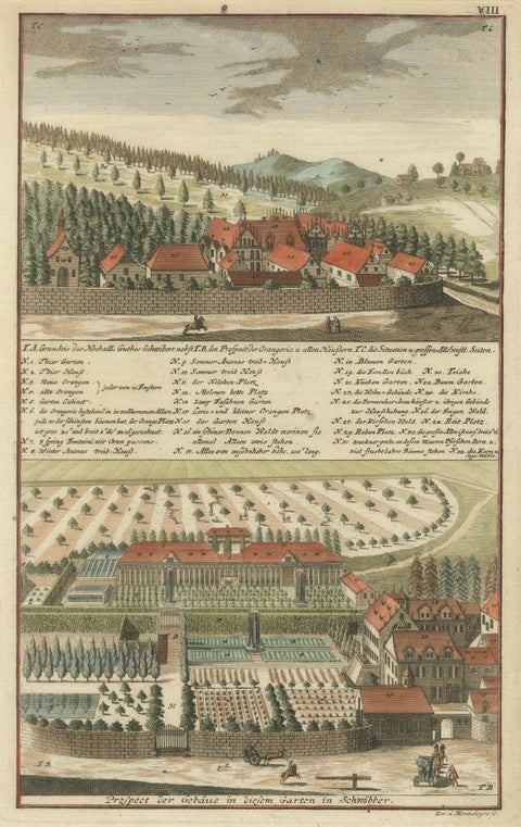 Grand Baroque Garden Estate View, Schwöbber Palace, Hand-Colored, 1708, close-up 1
