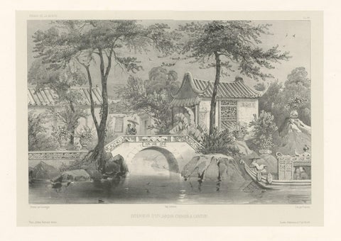 Antique Print of a Garden in Guangzhou in China, circa 1850, close-up 1