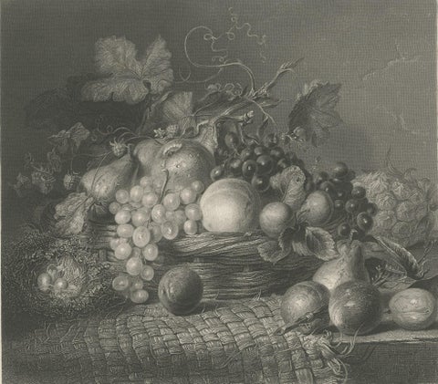 Antique Print of a Still life with a Basket of Autumn Fruit and Brambles, ca1860, close-up 1