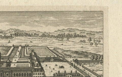 Antique Engraving of Chelsea College, View with Formal Gardens, ca.1705, close-up 1