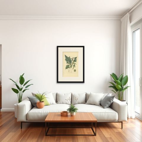 Datura Stramonium, Thorn Apple Botanical Engraving by Curtis c.1817, shown framed in a room, true to size